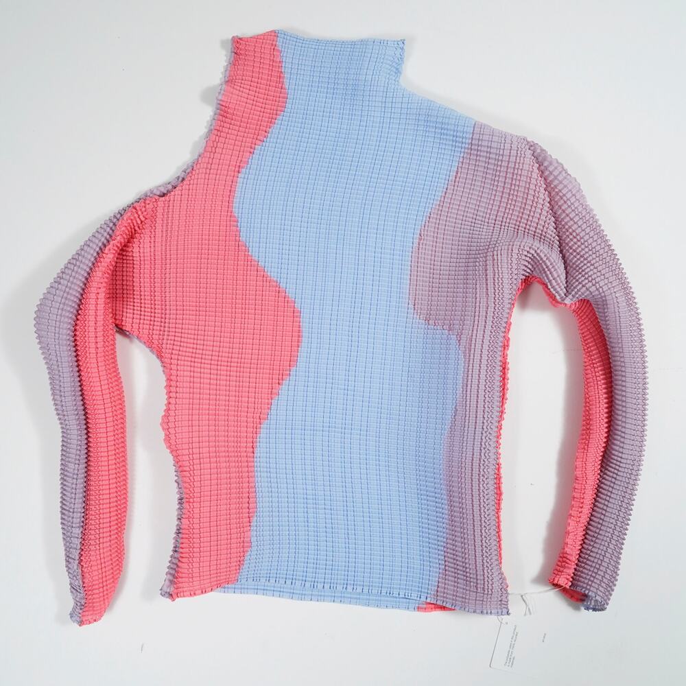 Issey Miyake Mainline Pleated Long Sleeve High Neck Top 2 Blue Pink IM58FJ187